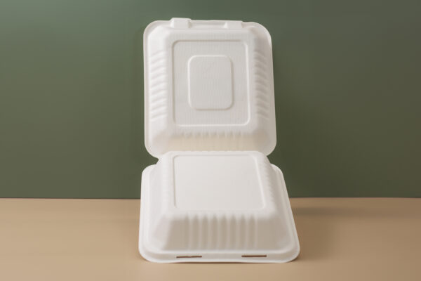 8''X8''X3'' Sugarcane Bagasse Clamshell Container - Image 3