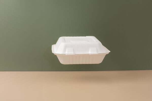 8''X8''X3'' Sugarcane Bagasse Clamshell 3 Compartments Container - Image 2