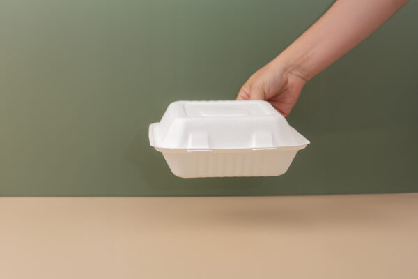 8''X8''X3'' Sugarcane Bagasse Clamshell 3 Compartments Container - Image 3