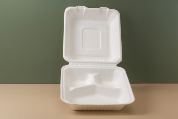 8''X8''X3'' Sugarcane Bagasse Clamshell 3 Compartments Container