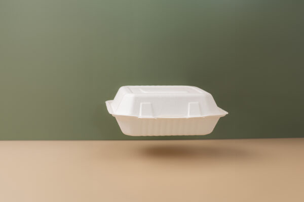 9''X9''X3'' Sugarcane 3 Compartment Bagasse Clamshell Container - Image 2