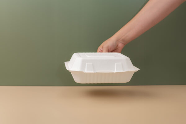 9''X9''X3'' Sugarcane 3 Compartment Bagasse Clamshell Container - Image 3